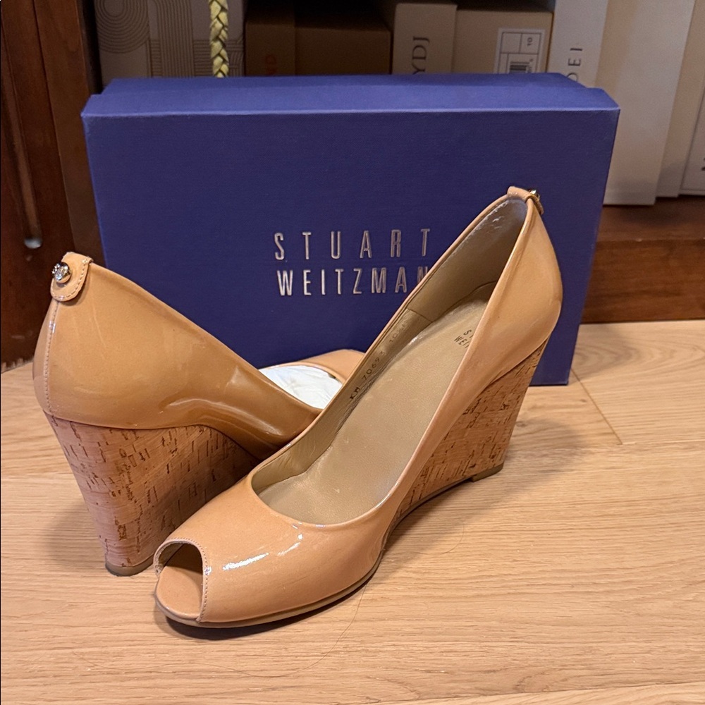 Stuart Weitzman Nude Patent Cork Wedge Peep Toe Shoe